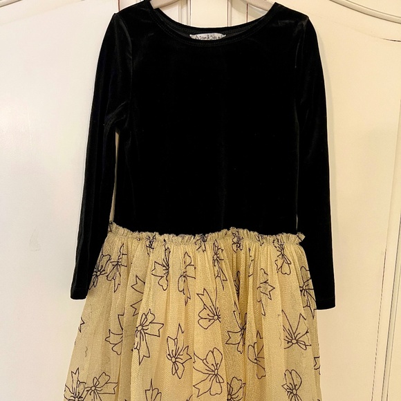 Girls Velour and Tulle Black & Gold Dress with Bow Print Skirt - Picture 1 of 5
